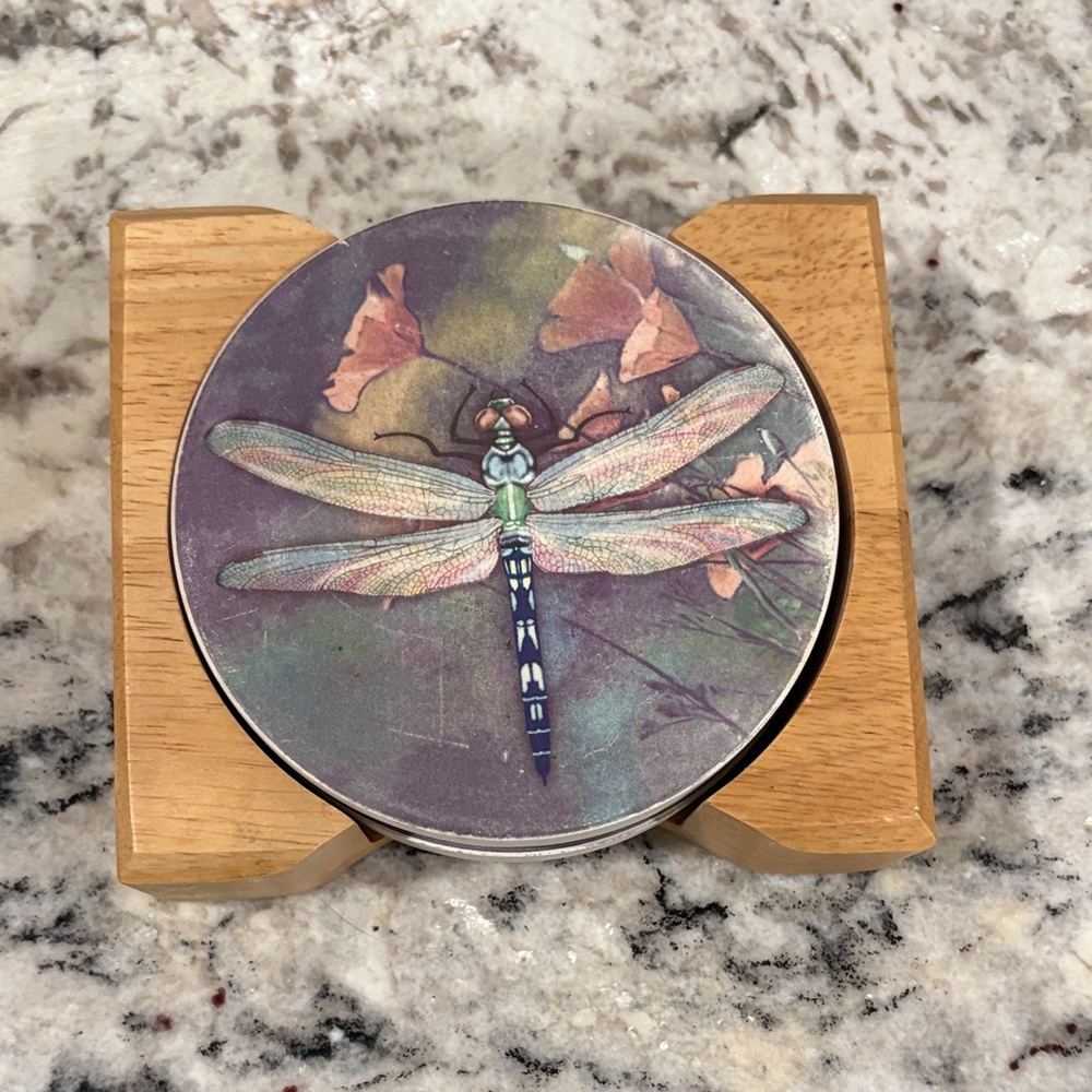 Dragonfly Coaster Set with Wooden Holder